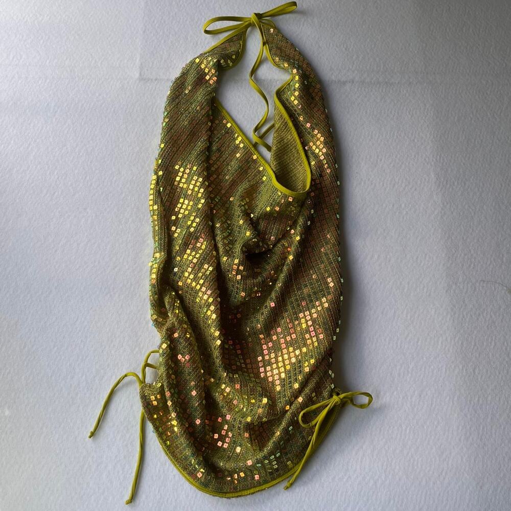 2K Olive Sequin Cowl Halter Mini Dress